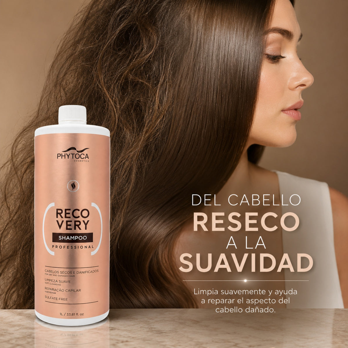 Champú reparador Phytoca USA de 1 litro para cabello seco y dañado, junto a una mujer con cabello brillante y sano.