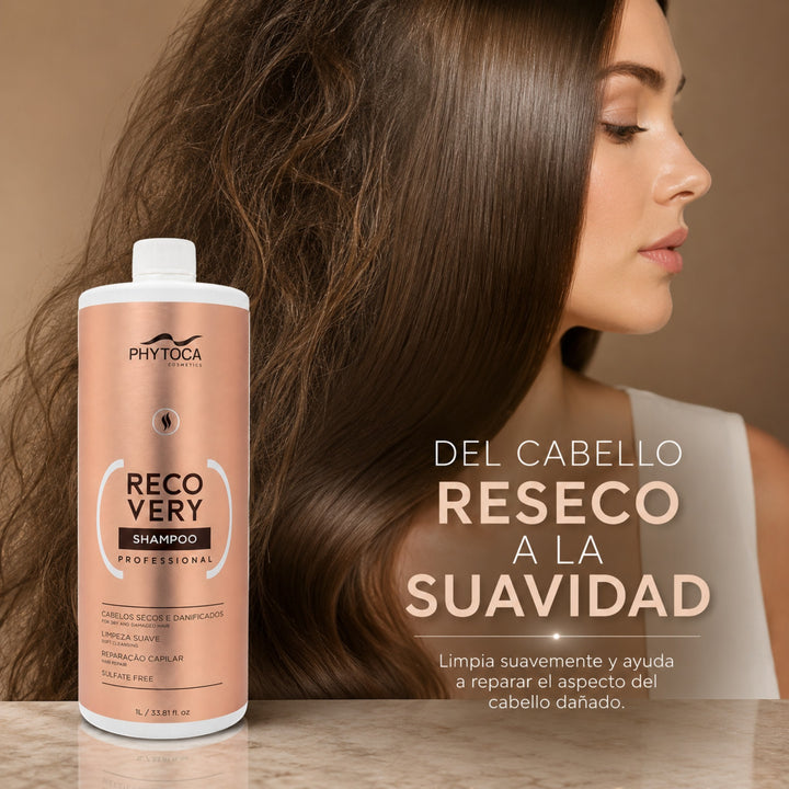 Champú reparador Phytoca USA de 1 litro para cabello seco y dañado, junto a una mujer con cabello brillante y sano.
