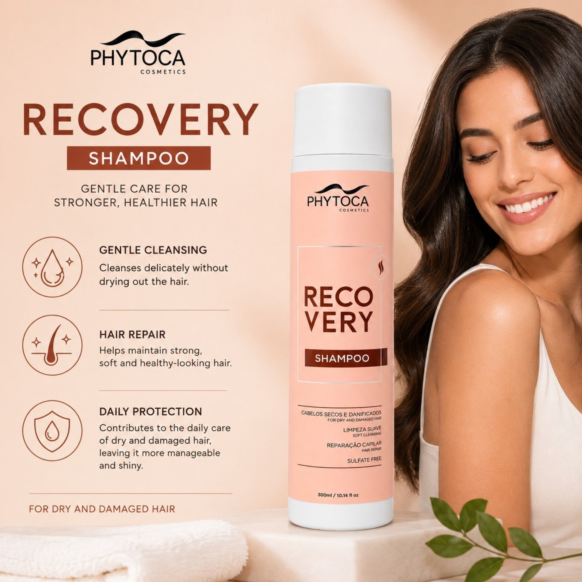 Champú reparador Phytoca USA para cabello seco y dañado en envase rosa con mujer sonriente al fondo