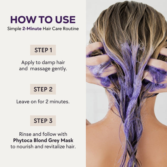 Instrucciones de uso del champú Phytoca USA Blonde Grey con espuma violeta aplicada sobre cabello rubio húmedo