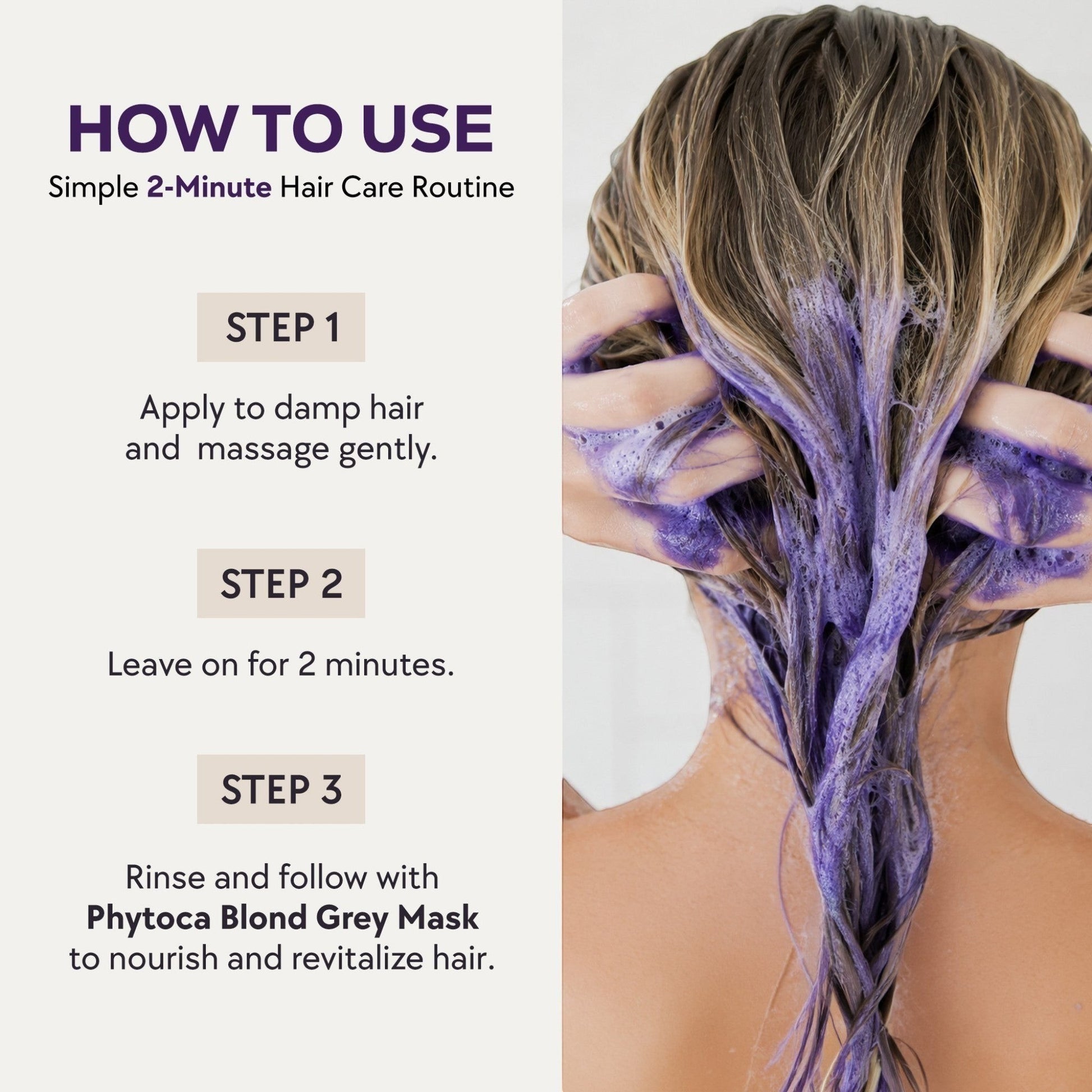 Instrucciones de uso del champú Phytoca USA Blonde Grey con espuma violeta aplicada sobre cabello rubio húmedo