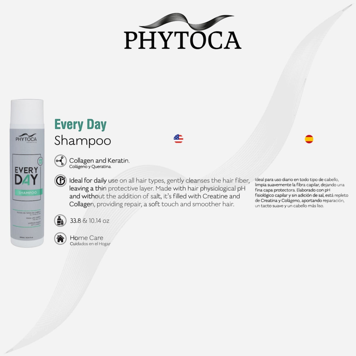 Champú Phytoca USA Every Day para uso diario con colágeno y queratina en envase blanco de 300ml