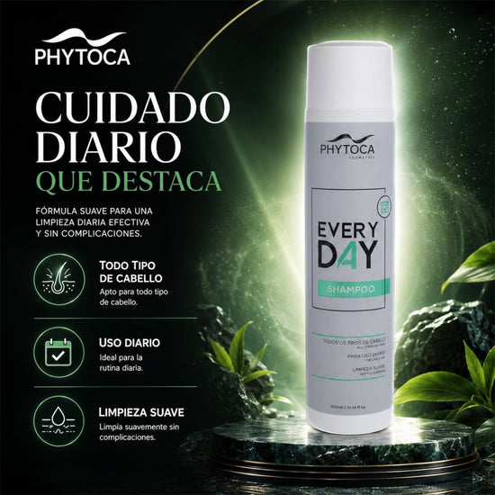 Champú de uso diario Phytoca USA para todo tipo de cabello con colágeno y queratina en envase blanco de 300ml
