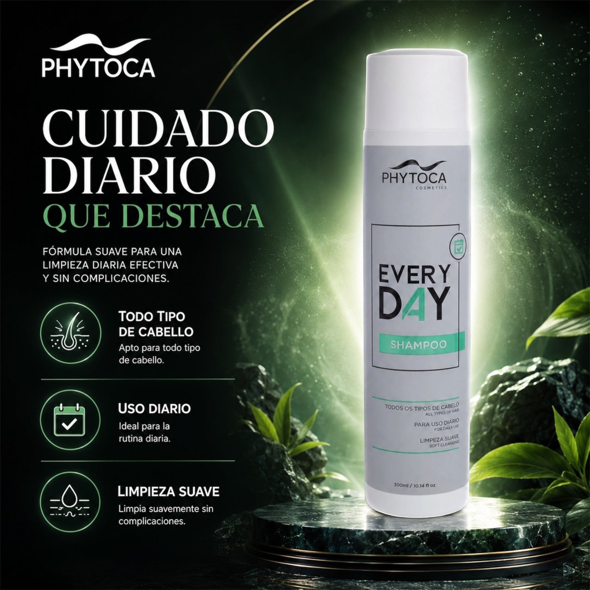 Champú de uso diario Phytoca USA para todo tipo de cabello con colágeno y queratina en envase blanco de 300ml