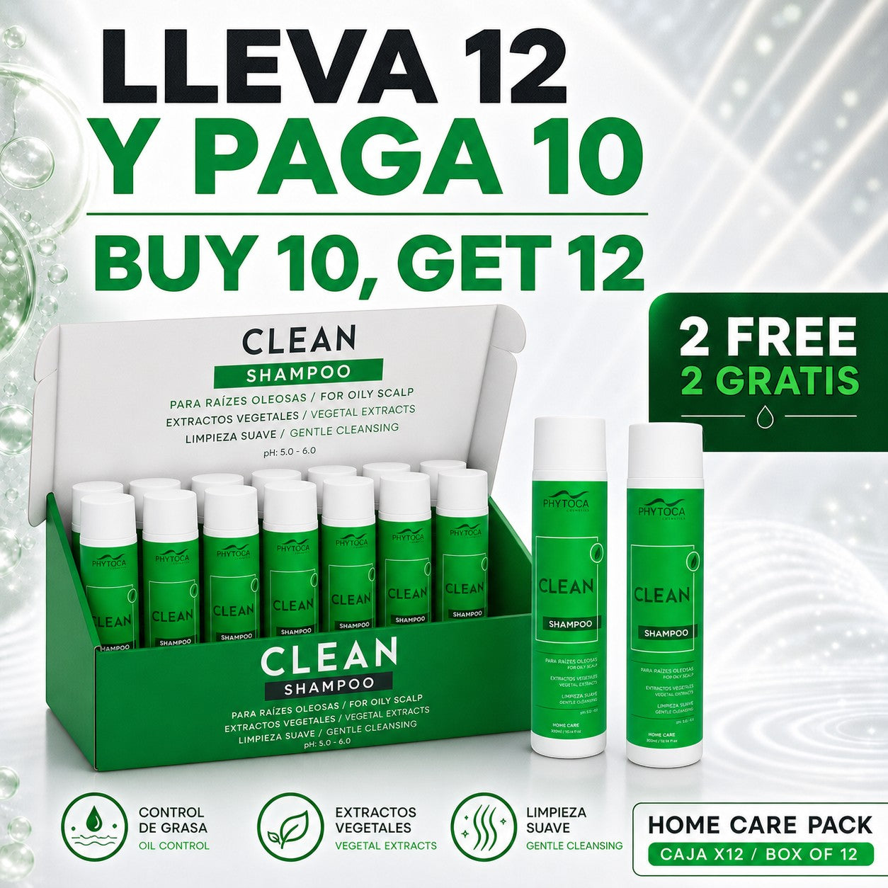 Pack de 12 champús Phytoca USA Clean para cabello graso con extractos de cítricos, té verde y romero