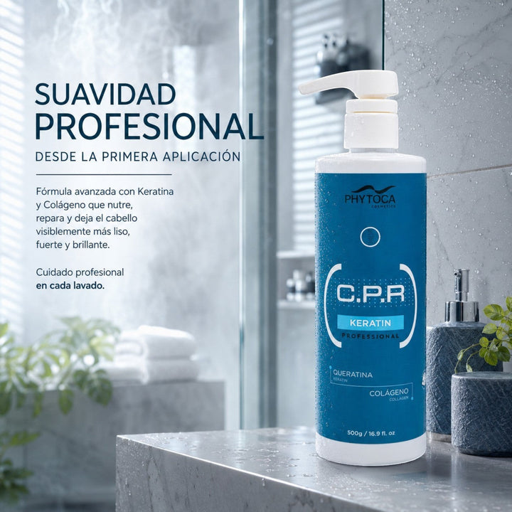Tratamiento capilar Phytoca USA C.P.R Keratin en envase azul con dosificador para reparar y fortalecer el cabello dañado.