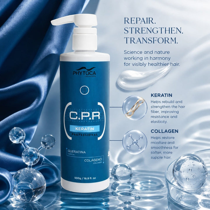 Tratamiento capilar Phytoca USA C.P.R Keratin en frasco azul con bomba, enriquecido con queratina y colágeno.