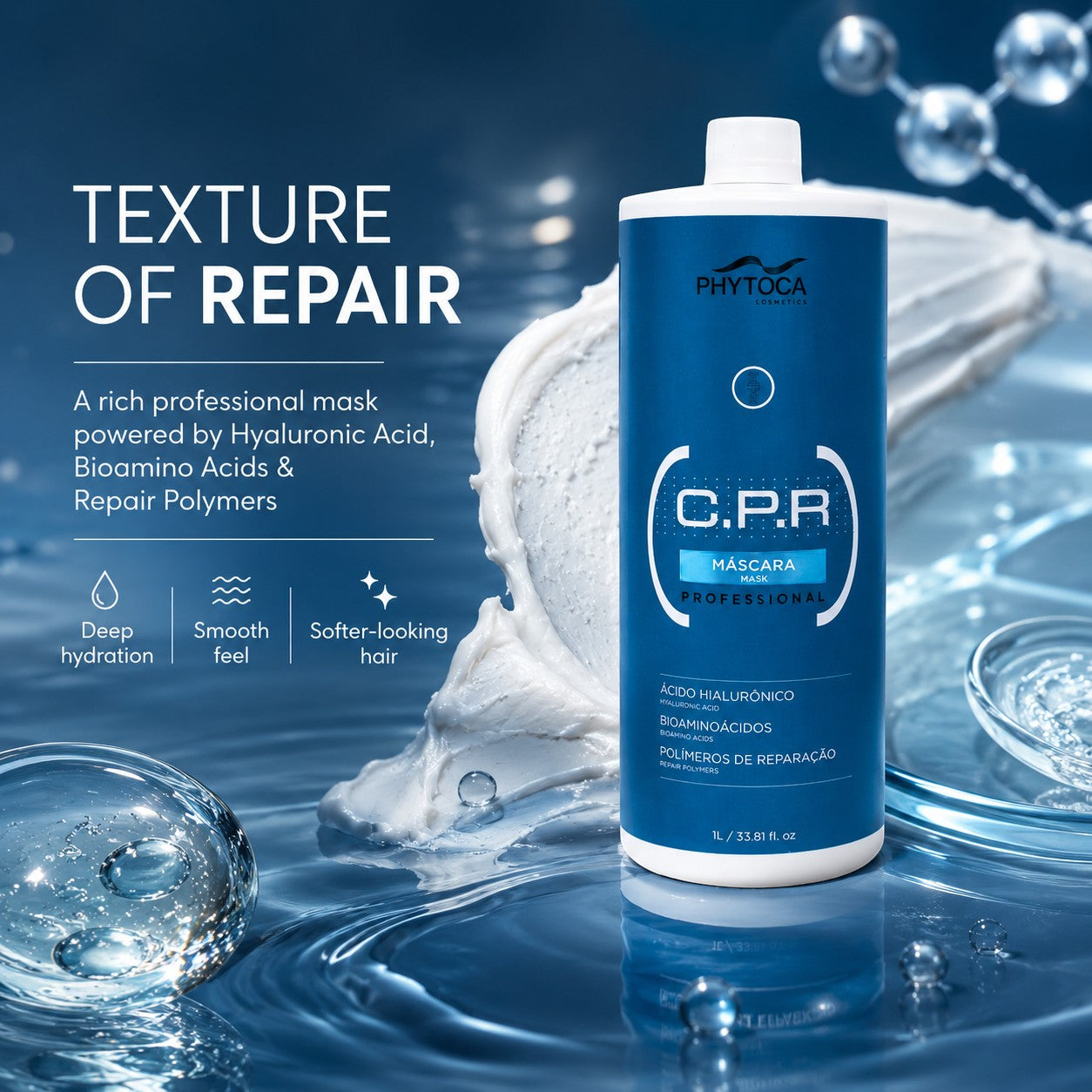 Mascarilla capilar profesional Phytoca USA CPR para hidratación profunda, reparación y suavidad en cabello dañado.