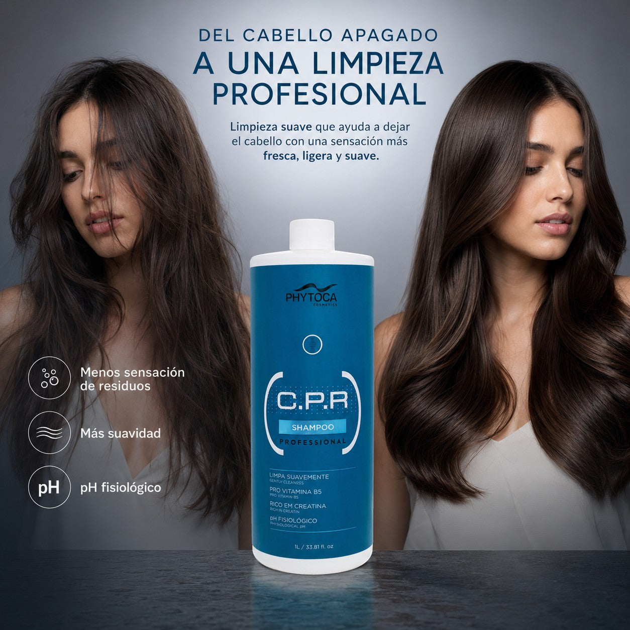 Champú profesional Phytoca USA CPR para reparar y fortalecer el cabello, mostrado con resultados de antes y después