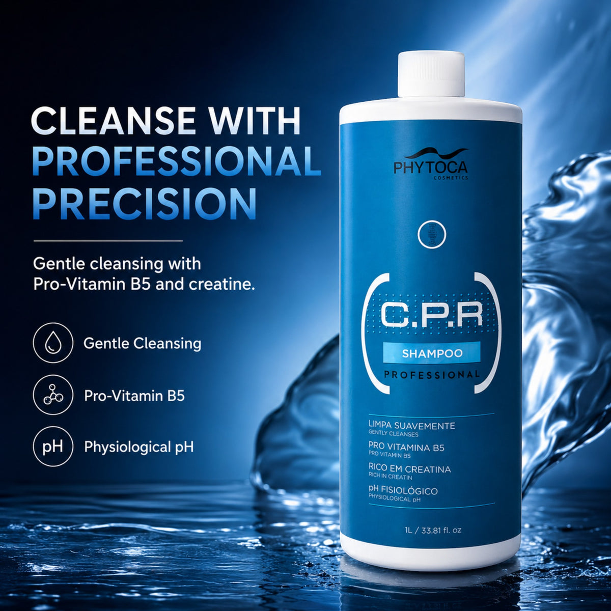 Champú Phytoca USA C.P.R. profesional de 1 litro en envase azul para reparar y fortalecer el cabello dañado.