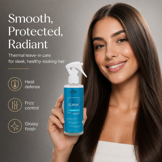 Mujer sonriente sosteniendo el spray protector térmico Phytoca USA CPR Thermal PRO para un cabello suave y brillante.