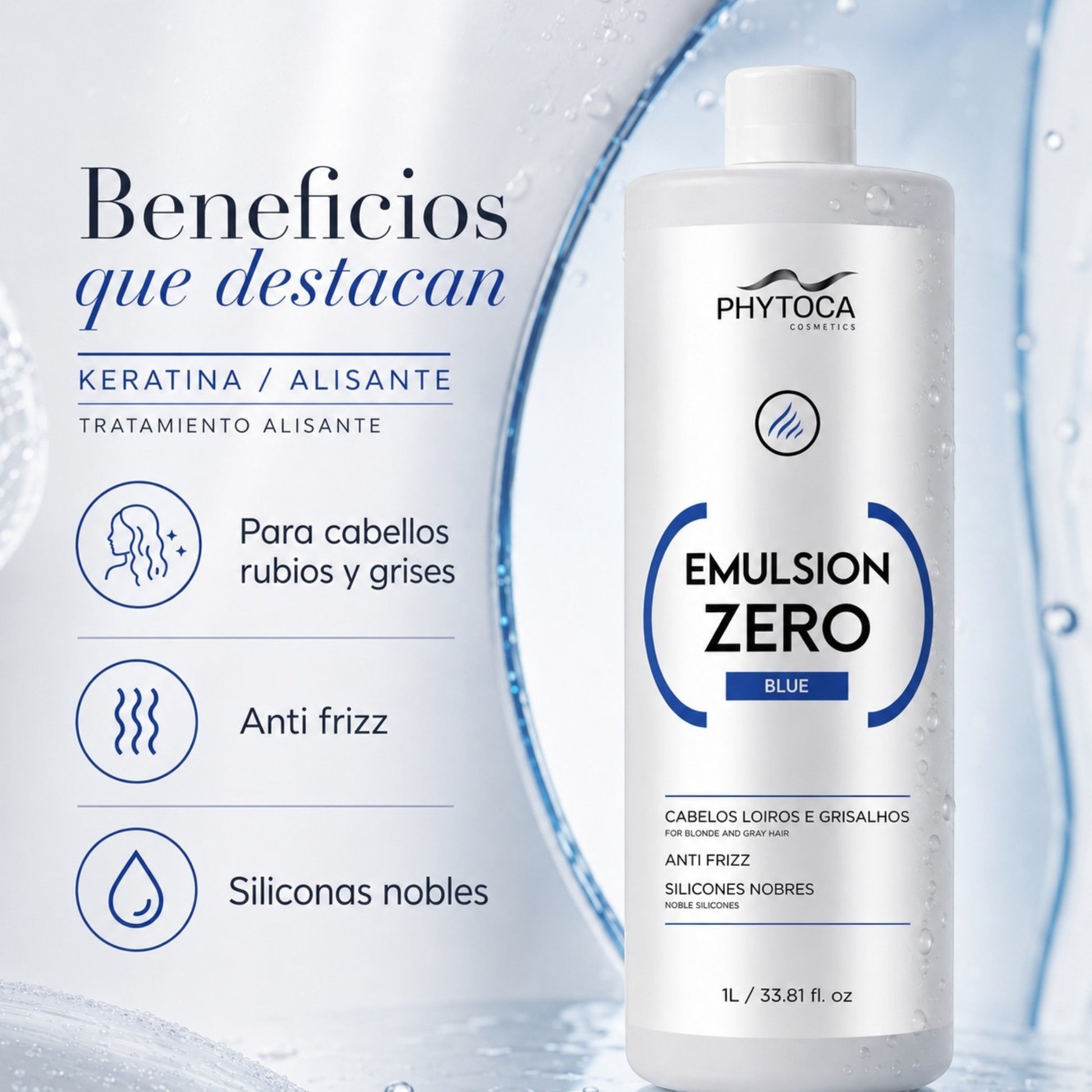 Tratamiento alisante Phytoca USA Emulsion Zero Blue para cabellos rubios y grises con siliconas nobles y efecto anti frizz