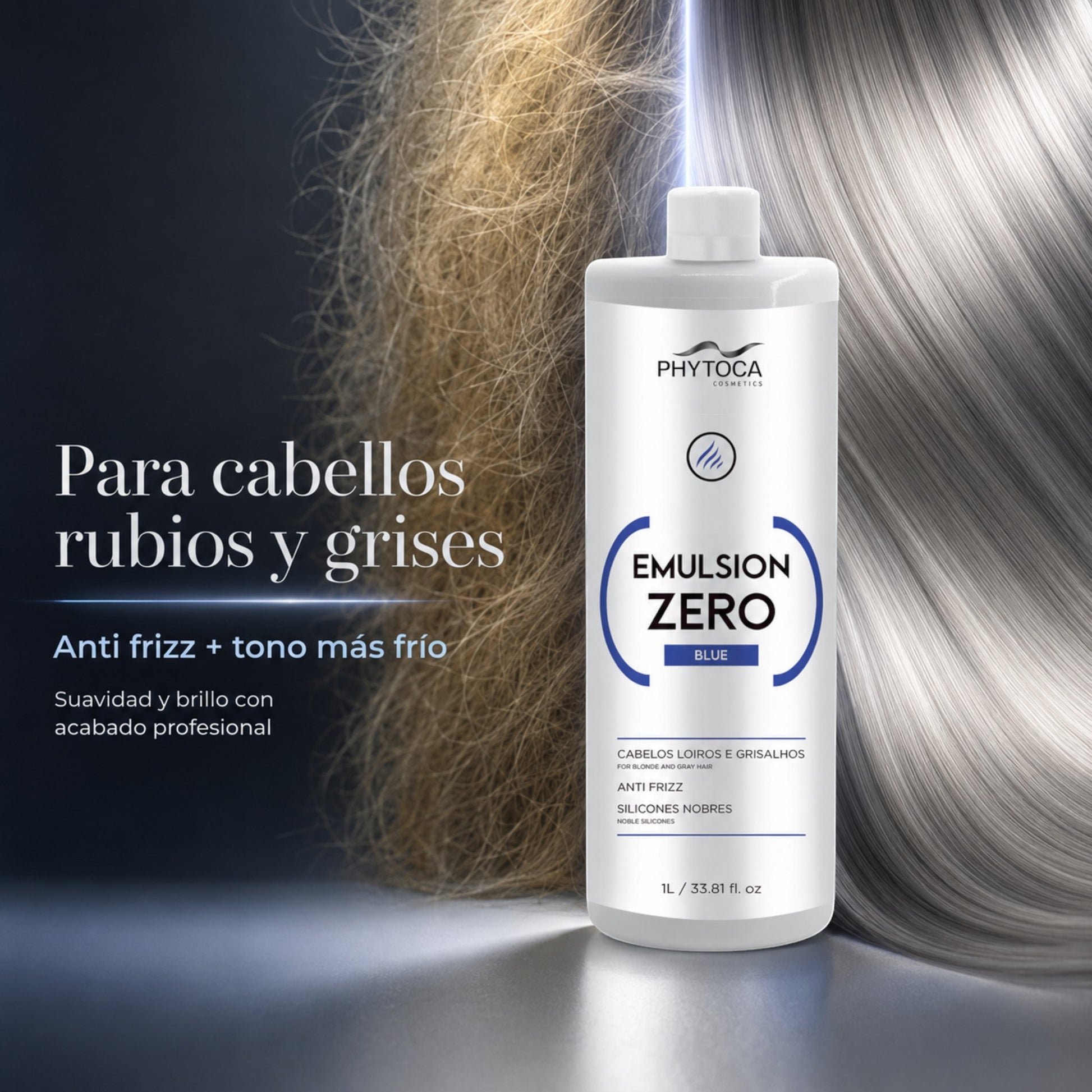 Phytoca USA Emulsion Zero Blue para cabellos rubios y grises, tratamiento anti-frizz con siliconas nobles y brillo.