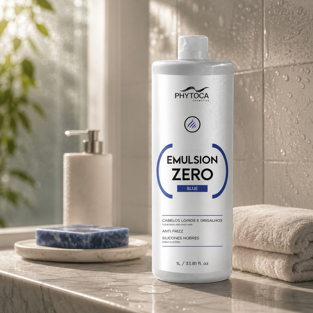 Tratamiento capilar profesional Phytoca USA Emulsion Zero Blue para cabellos rubios y grisáceos en envase de 1 litro.