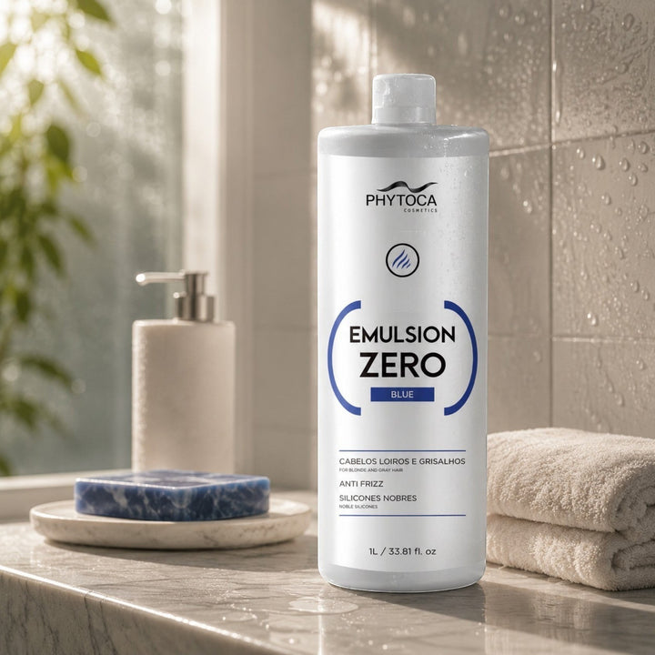 Tratamiento capilar profesional Phytoca USA Emulsion Zero Blue para cabellos rubios y grisáceos en envase de 1 litro.