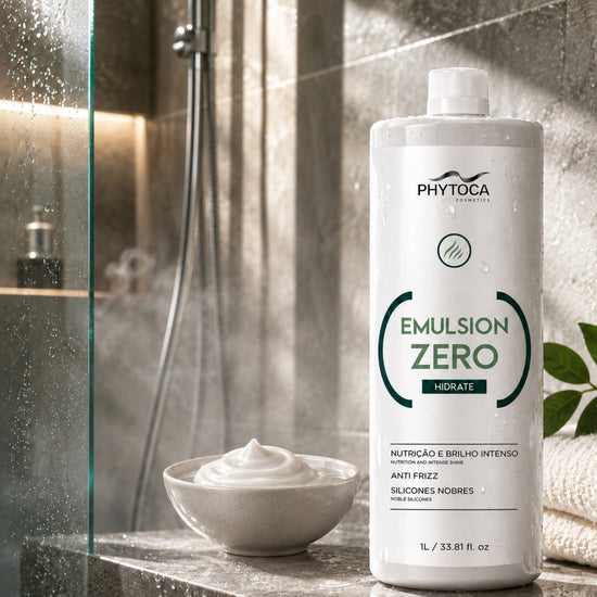 Botella de 1L de Phytoca USA Emulsion Zero Pro Kit con crema hidratante en un cuenco sobre mármol en un baño con vapor