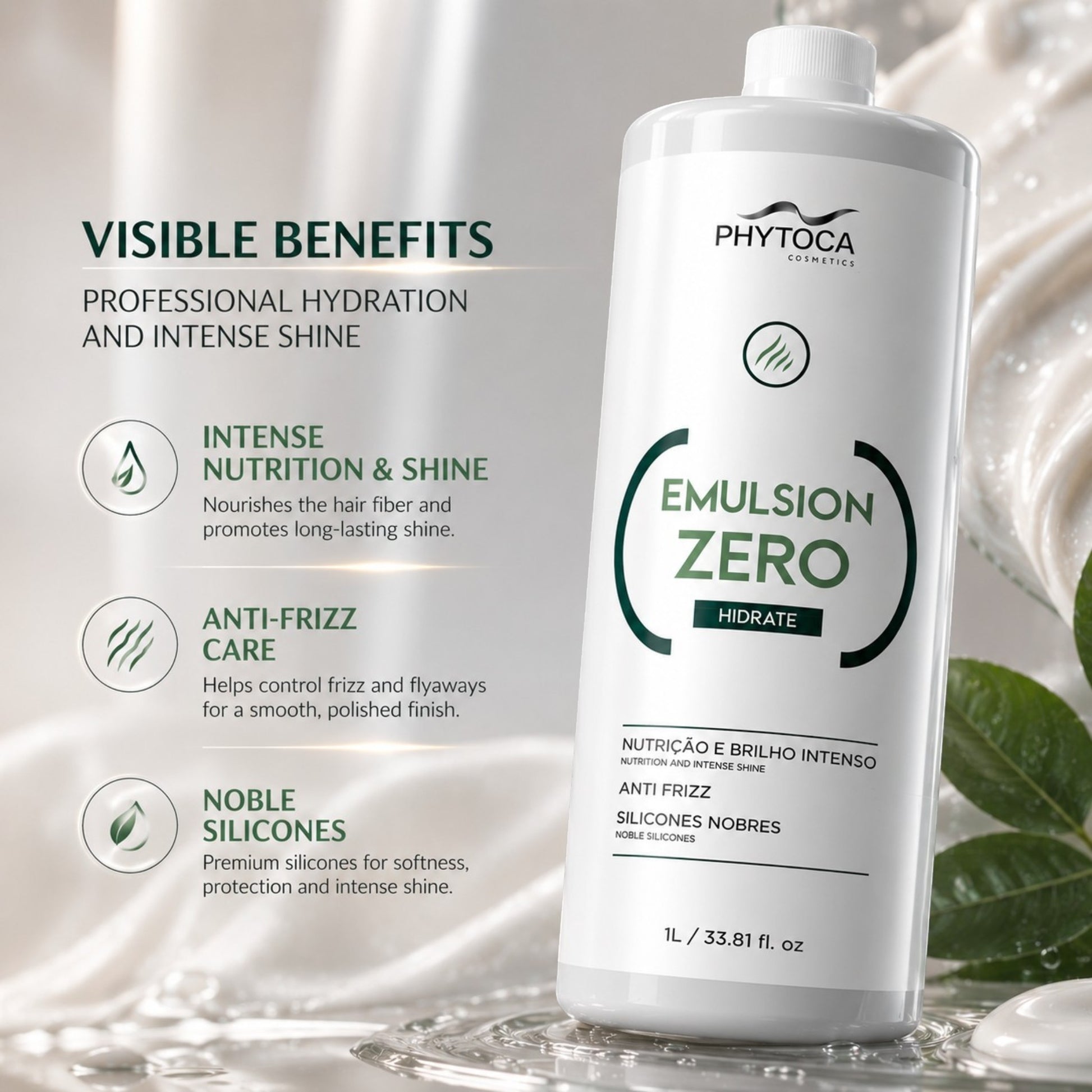Botella de Phytoca USA Emulsion Zero Hidrate de 1L para hidratación capilar, brillo intenso y control de frizz.
