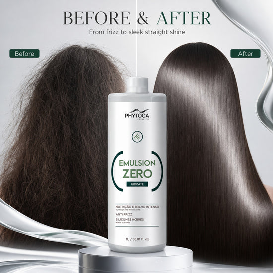 Comparativa antes y después del tratamiento capilar Phytoca USA Emulsion Zero para un cabello liso, brillante y sin frizz