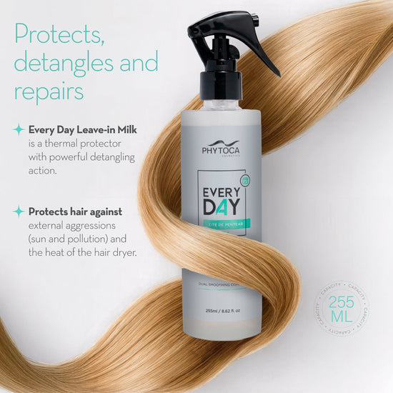 Spray Phytoca USA Every Day Leave-In Milk con protector térmico y propiedades reparadoras sobre cabello rubio