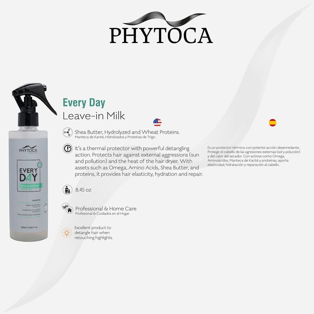 Spray Phytoca USA Every Day Leave-in Milk con manteca de karité y proteínas para protección térmica y desenredado