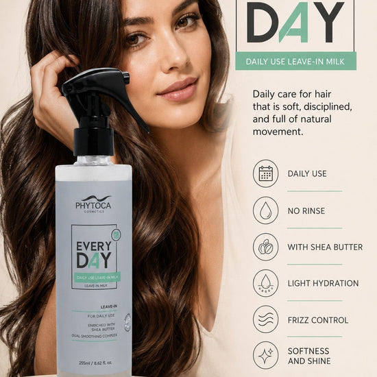 Botella de Phytoca USA Every Day Leave-in Milk con manteca de karité para hidratación y protección térmica capilar