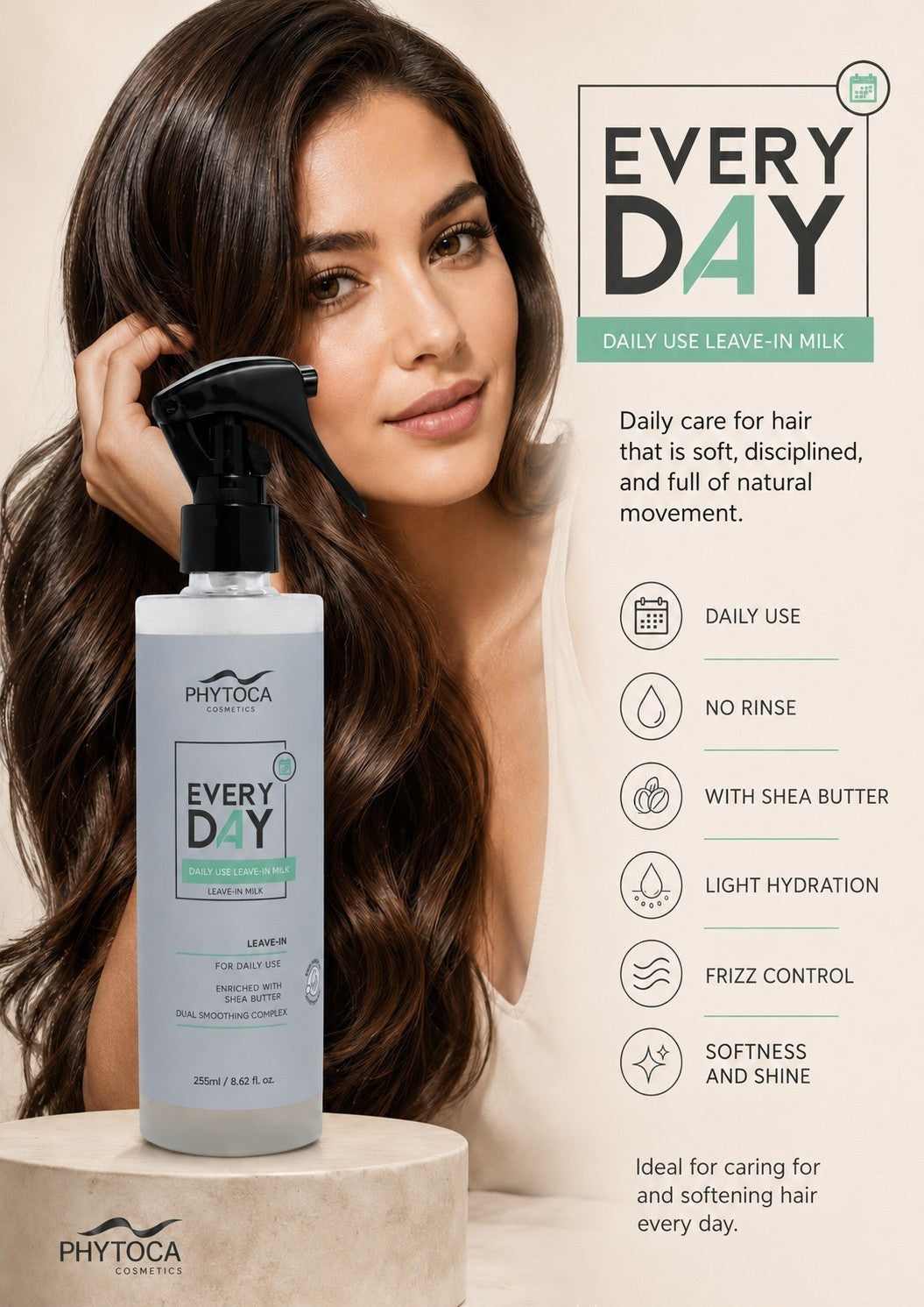 Botella de Phytoca USA Every Day Leave-in Milk con manteca de karité para hidratación y protección térmica capilar