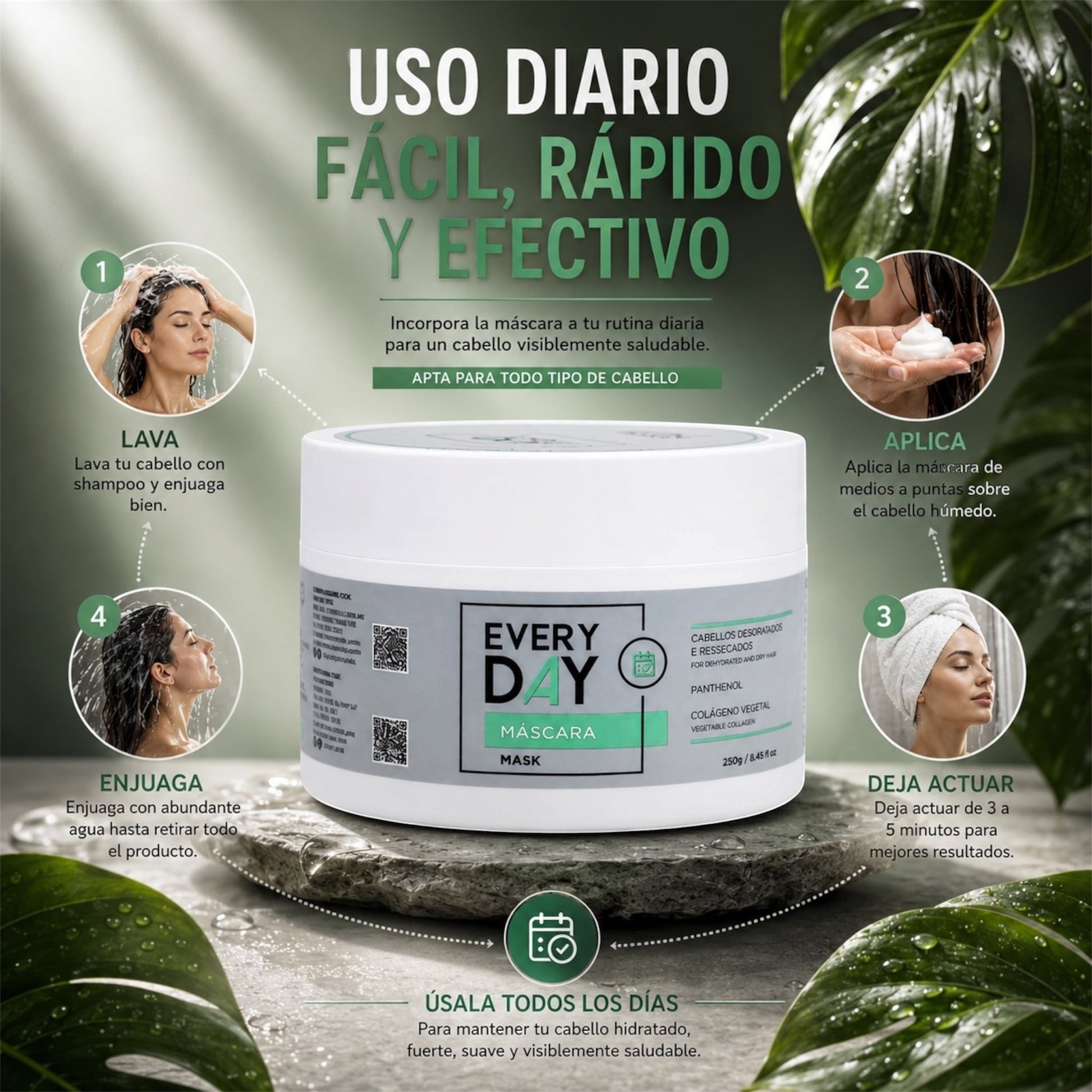 Tarro de Phytoca USA Every Day Mask sobre piedra con instrucciones de uso y hojas verdes de fondo para todo tipo de cabello