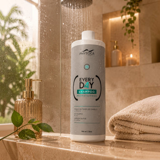 Botella de 32 oz de Phytoca USA Every Day Shampoo sobre una repisa de baño con toalla y decoración