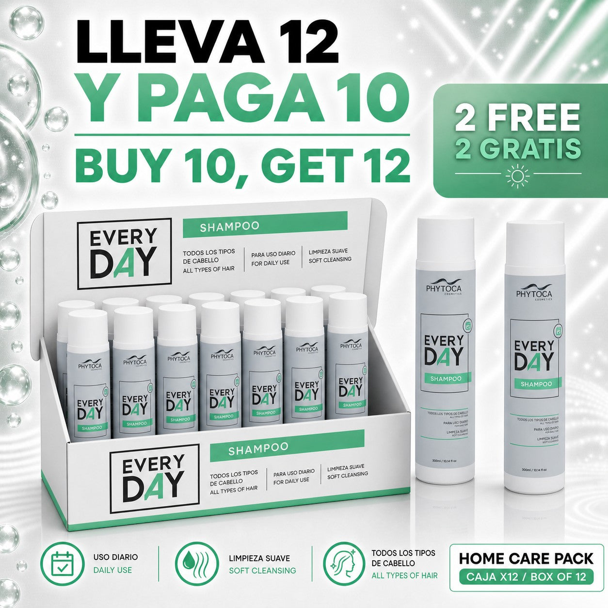 Pack de 12 champús Phytoca USA Every Day para uso diario, fórmula reparadora con colágeno y queratina para todo tipo de cabello