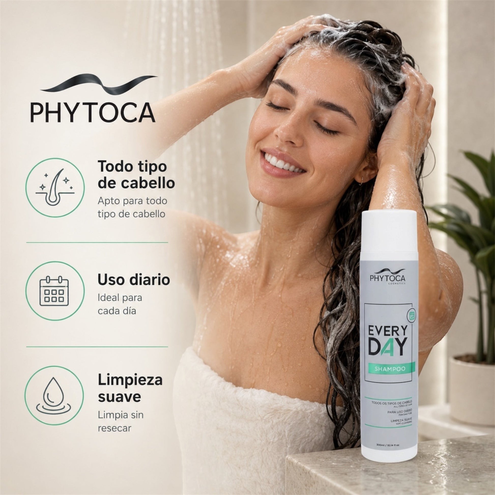 Mujer lavándose el cabello con el champú Every Day Shampoo de Phytoca USA en una ducha relajante