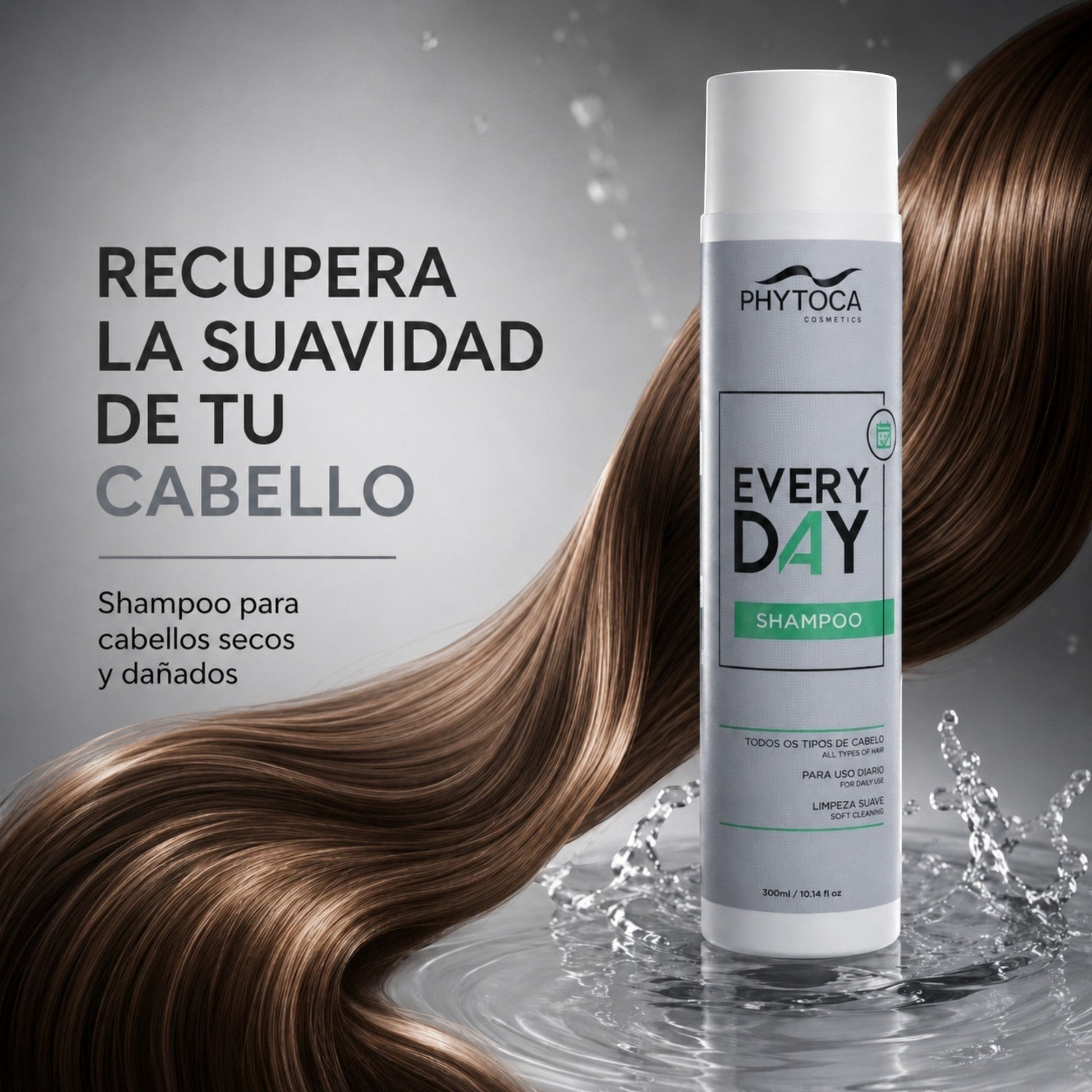 Botella de champú Phytoca USA Every Day para uso diario junto a una melena castaña brillante y gotas de agua