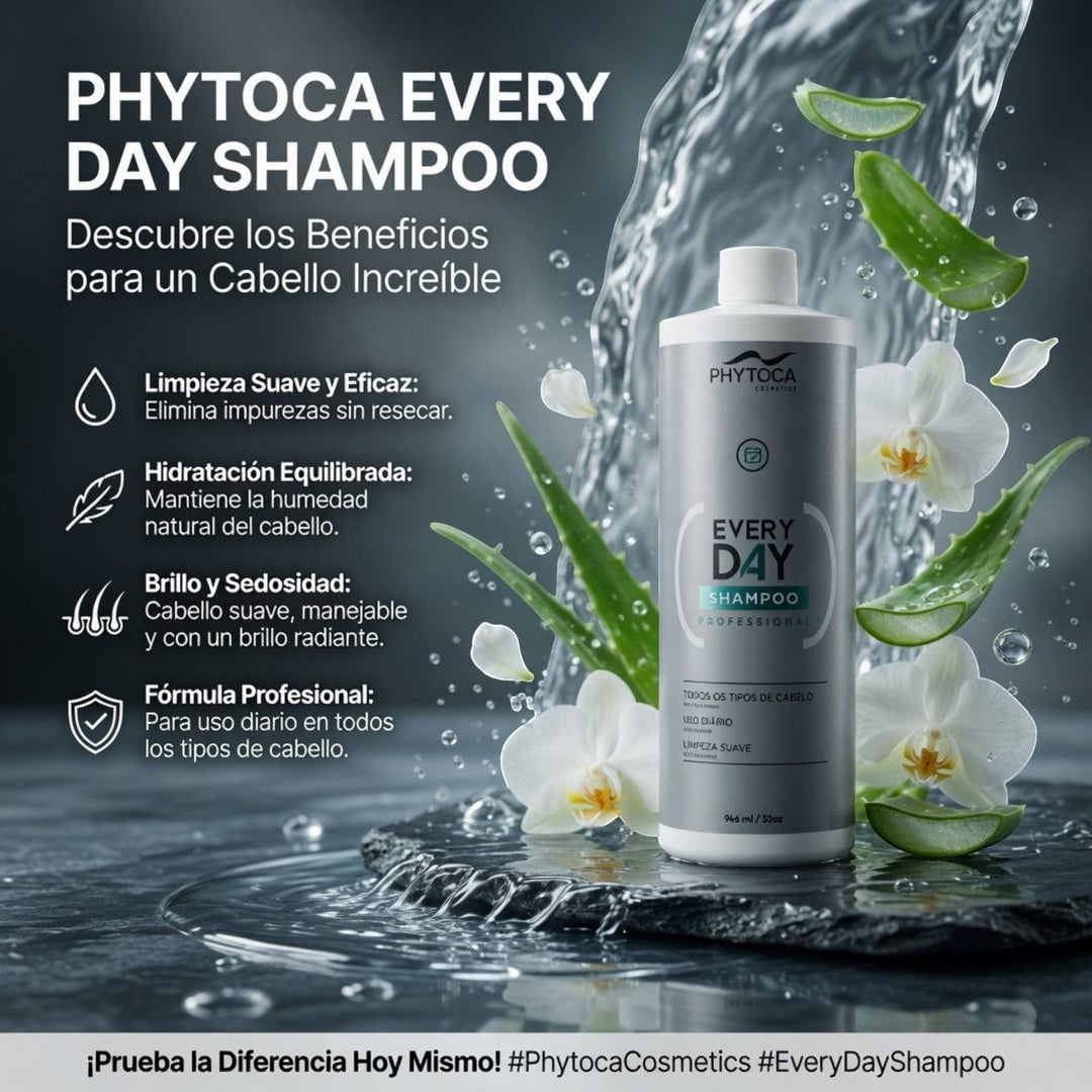 Botella de Phytoca USA Every Day Shampoo de 32 oz rodeada de flores blancas y hojas de aloe vera sobre agua