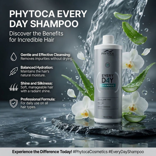Champú Phytoca USA Every Day de 32 oz con colágeno y queratina, rodeado de flores blancas y hojas de aloe vera.