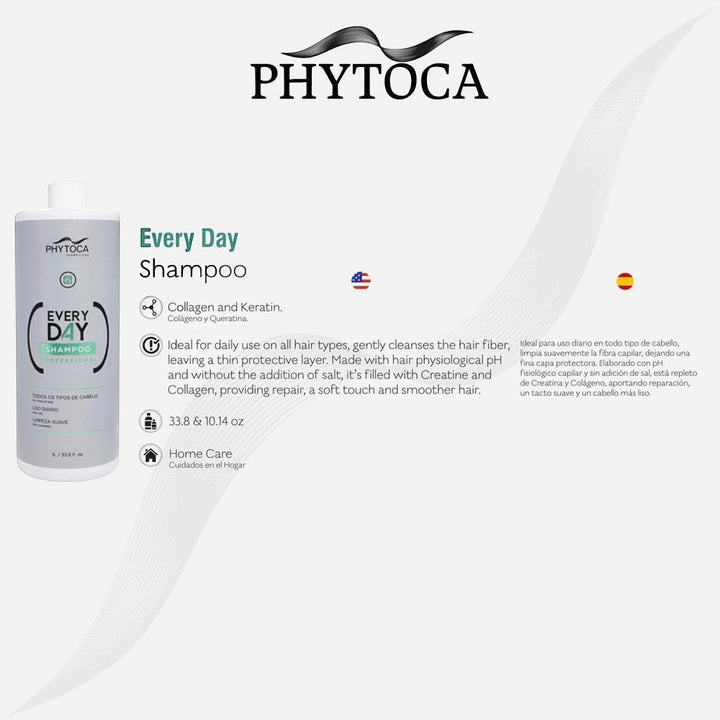 Botella de Phytoca USA Every Day Shampoo de 32 oz con colágeno y queratina para uso diario en todo tipo de cabello