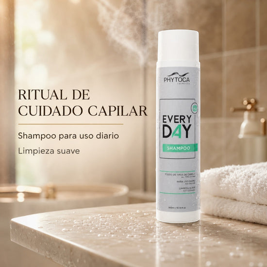 Champú Phytoca USA Everyday para uso diario en envase blanco sobre encimera de mármol en un baño luminoso