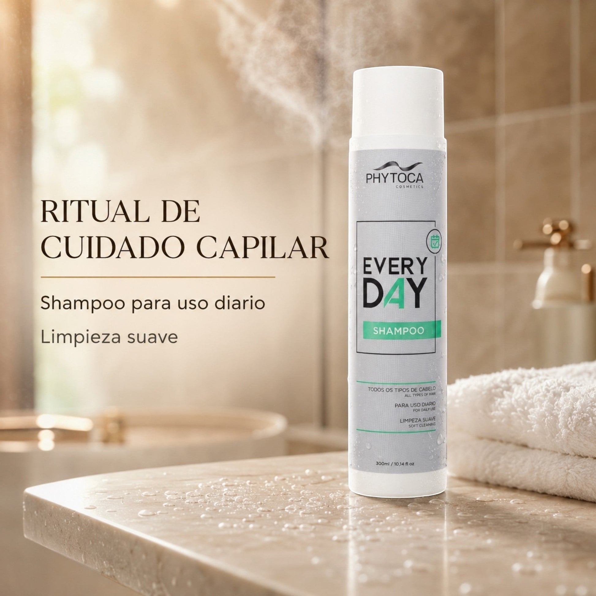 Champú Phytoca USA Everyday para uso diario en envase blanco sobre encimera de mármol en un baño luminoso