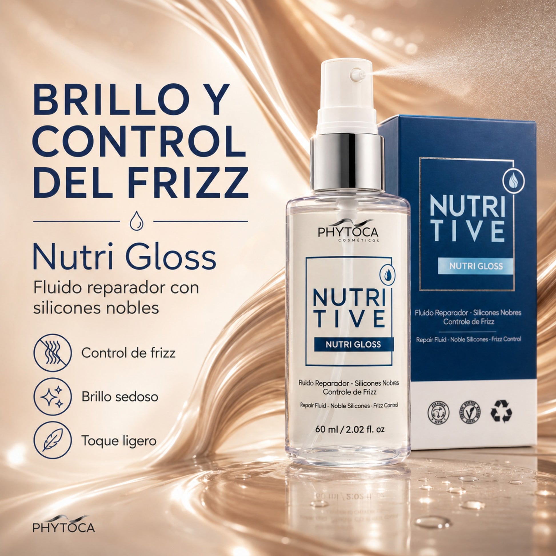 Fluido reparador Nutri Gloss de Phytoca USA para control de frizz y brillo sedoso en cabello seco o dañado