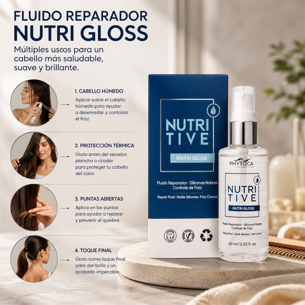 Fluido reparador Phytoca USA Nutri Gloss para cabello con siliconas nobles, control de frizz y protección térmica.