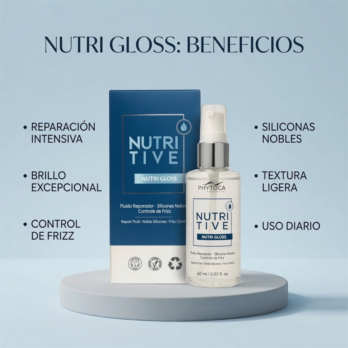Fluido reparador Nutri Gloss de Phytoca USA para control de frizz, brillo intenso y reparación capilar en envase 60ml