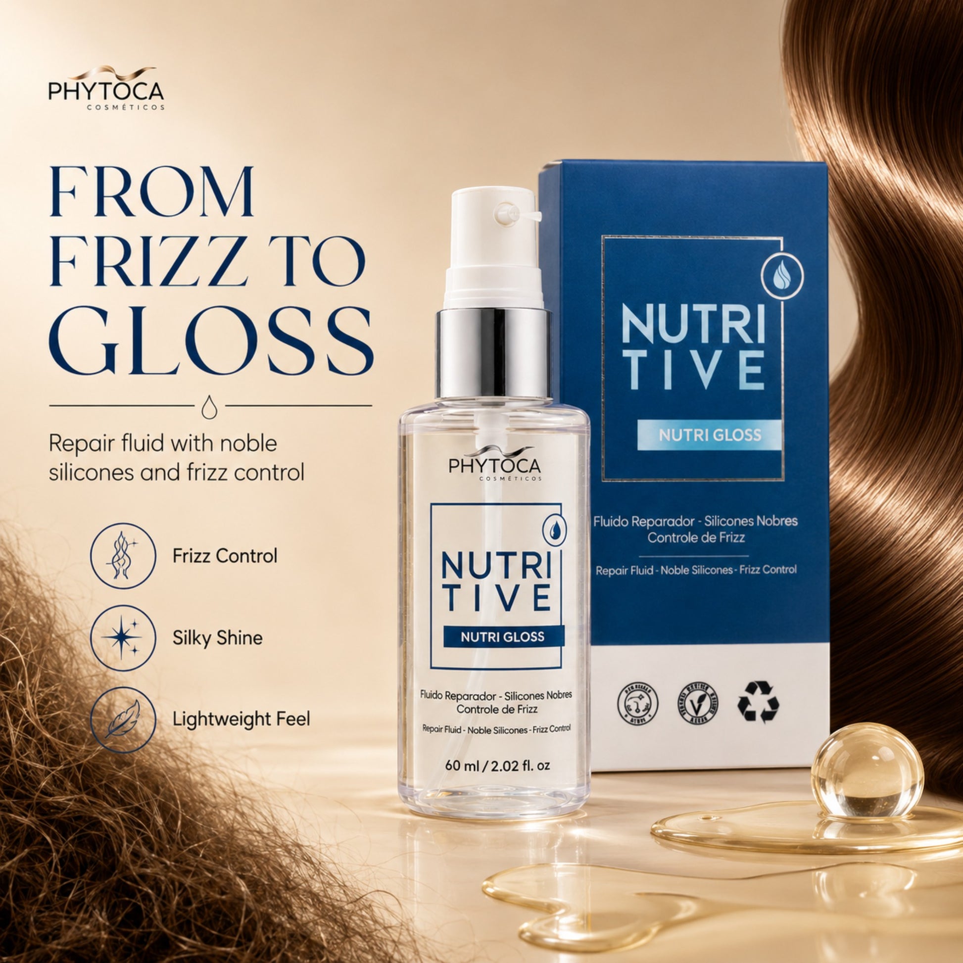 Fluido reparador Nutritive Nutri Gloss de Phytoca USA para control de frizz y brillo sedoso en cabello dañado