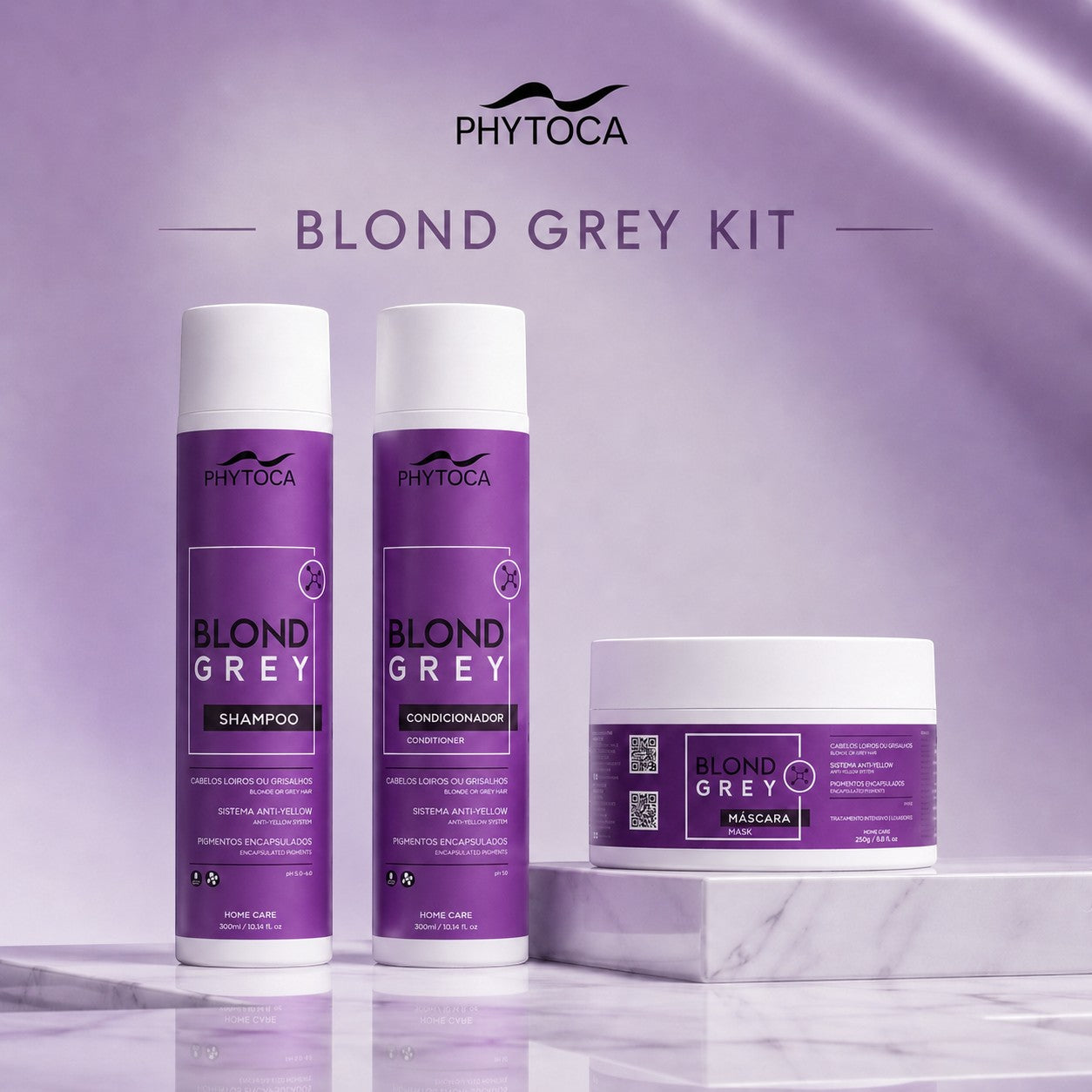 Kit Phytoca USA Blond Grey con champú, acondicionador y mascarilla para neutralizar tonos amarillos en cabello rubio
