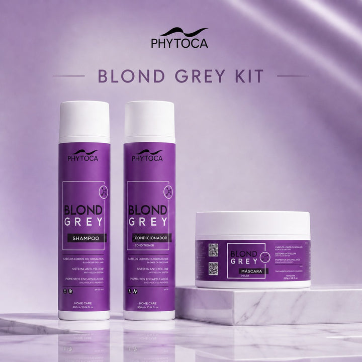 Kit Phytoca USA Blond Grey con champú, acondicionador y mascarilla para neutralizar tonos amarillos en cabello rubio