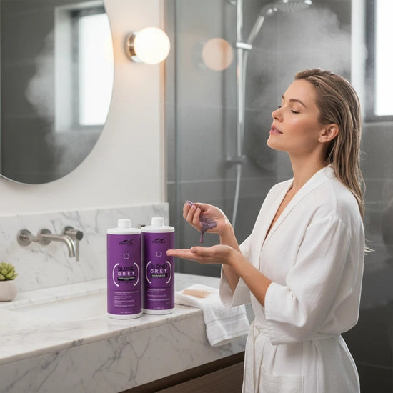 Mujer con albornoz aplicando mascarilla capilar morada Phytoca USA del kit Blond Grey en un baño moderno