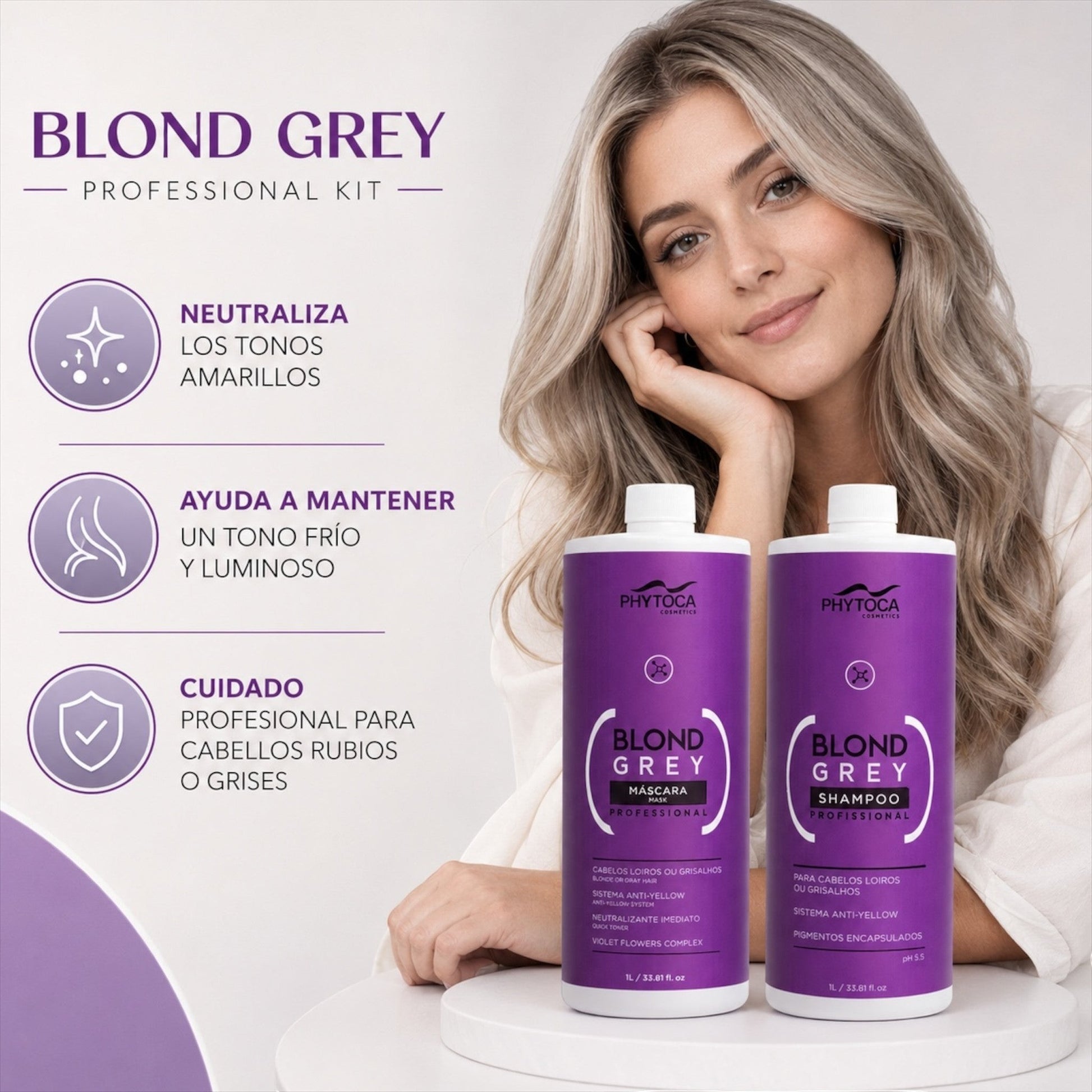 Kit profesional Phytoca USA Blond Grey con champú y mascarilla morados para neutralizar tonos amarillos en cabello rubio