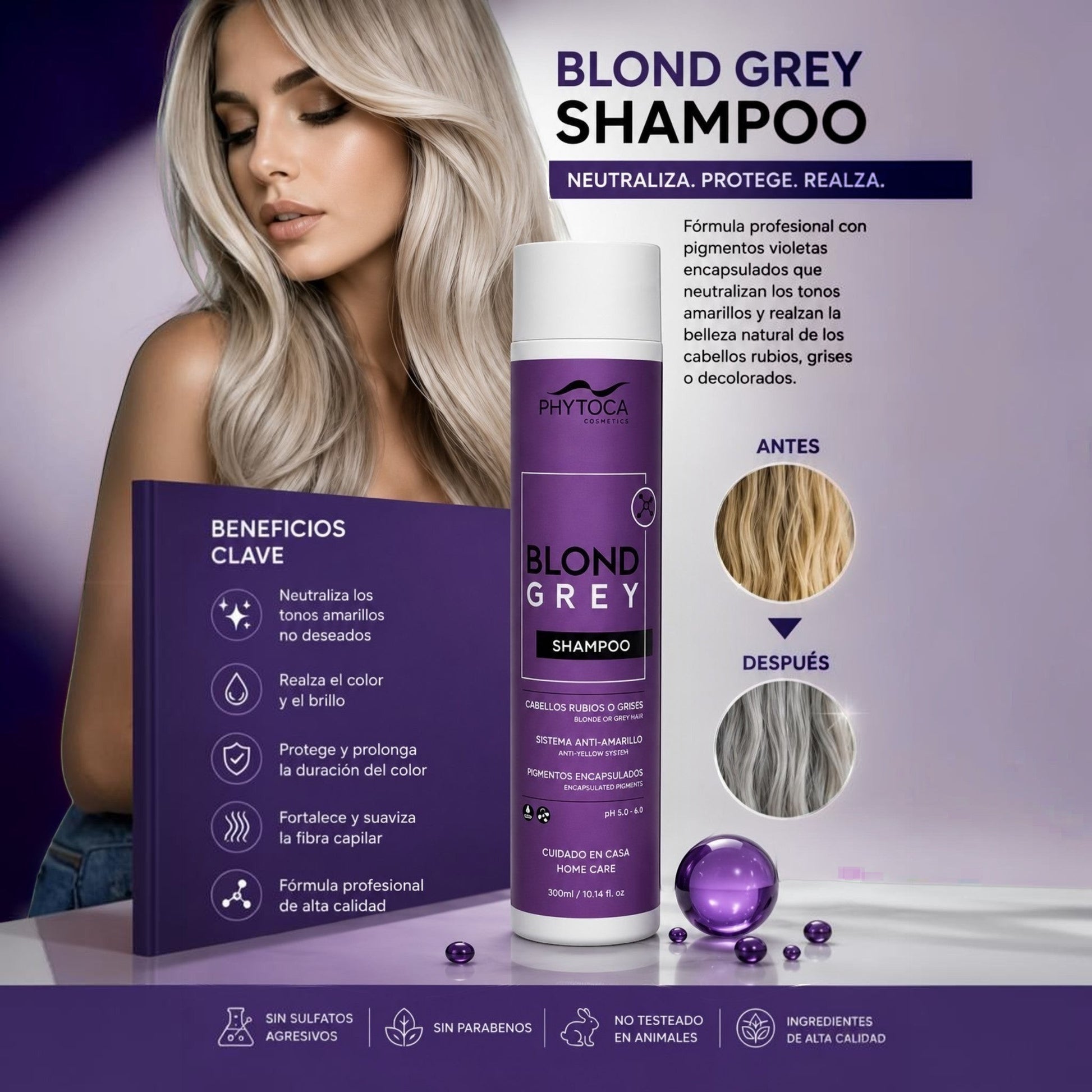 Kit de cuidado capilar Phytoca USA Blond Grey con champú matizador para neutralizar tonos amarillos en cabellos rubios