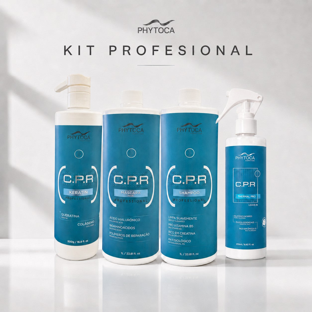Kit profesional Phytoca USA CPR con champú, queratina, mascarilla y protector térmico para reparar el cabello dañado.