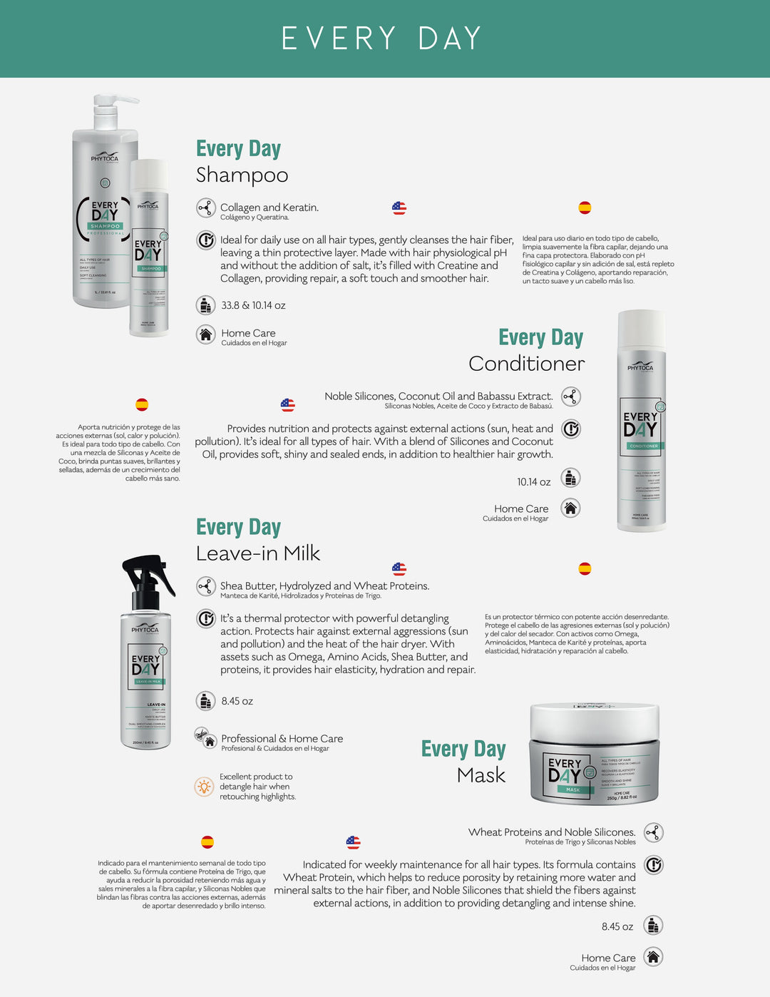 Kit de cuidado capilar Phytoca USA Everyday con champú, acondicionador, leave-in y mascarilla para todo tipo de cabello
