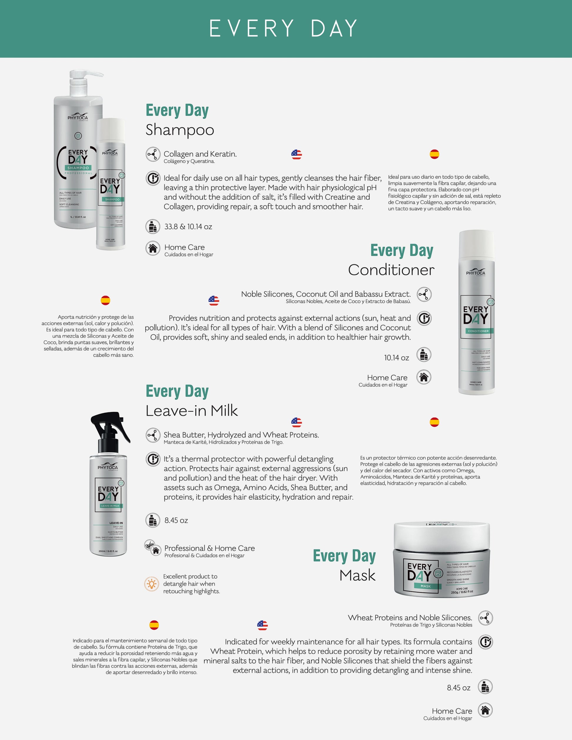 Kit de cuidado capilar Phytoca USA Everyday con champú, acondicionador, leave-in y mascarilla para todo tipo de cabello