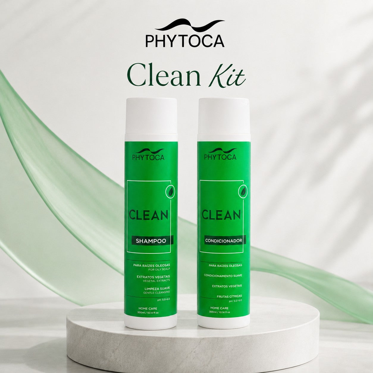 Kit de cuidado capilar Phytoca USA con champú y acondicionador para cabello graso, envases verdes sobre base circular.