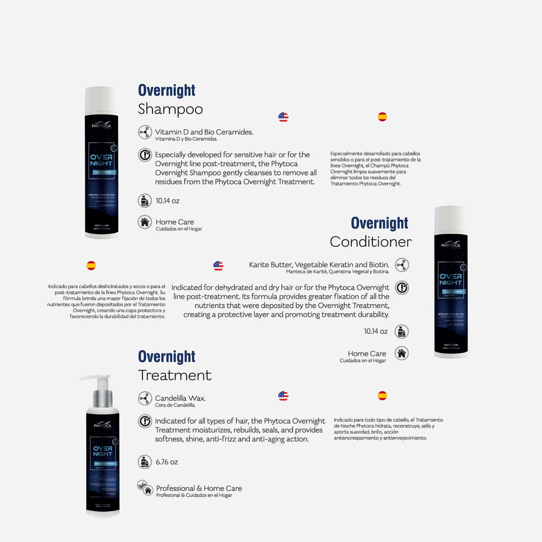 Kit de cuidado capilar Phytoca USA Overnight con champú, acondicionador y tratamiento para hidratación y reparación